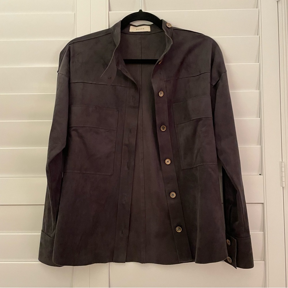 Aeron Faux Leather Suede Shacket Jacket Button Down Grey Brown Size Small